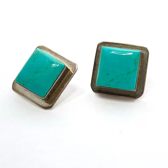 Silver Turquoise Square Post Earrings - Vintage - 7/8" Square - Mid Century - Picture 6 of 8
